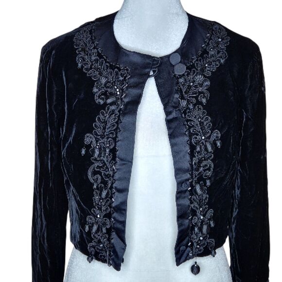 Vintage 60s Eloise Curtis For Happenstance Black Velvet Beaded Bolero Jacket S - Picture 2 of 13